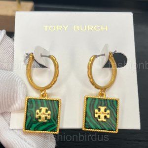 Tory Burch Huggie Hoop Square Logo Stud Earrings in Green (NWT)